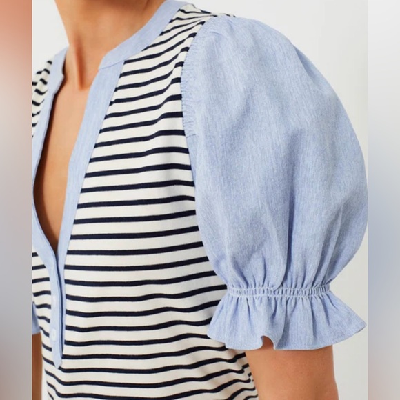 Veronica Beard Women’s Raegan Mixed-Media Top Puffed Ruffle Short Sleeves V-Neck - Picture 2 of 16